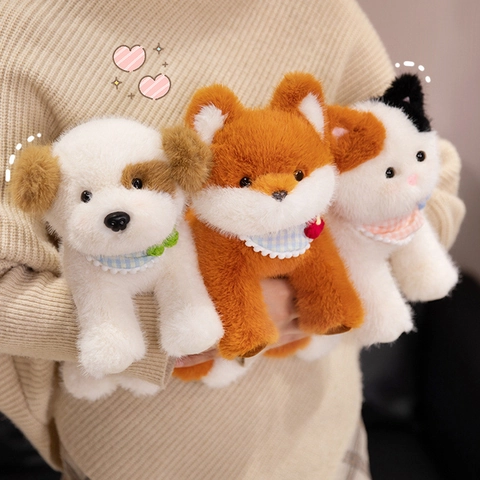 Simulated Animal Plush Toy Soft Calico Cat Puppy Fox Doll With Lace Plaid Scarf Cute Companion For Kids
