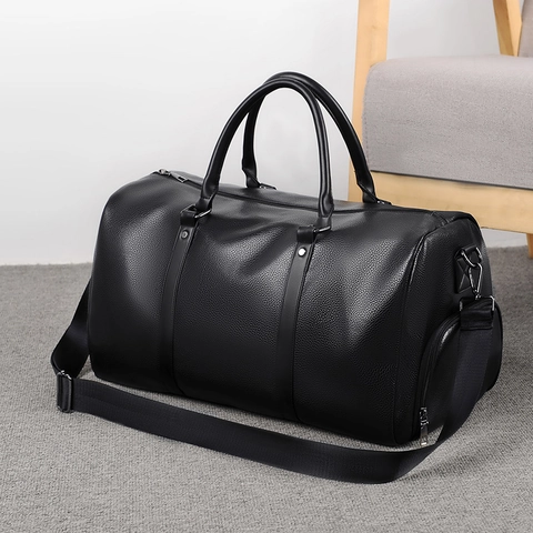 Lychee Pattern PU Leather Travel Duffle Bag With Shoe Compartment Wet Dry Separation Waterproof Fitness Gym Weekender Bag