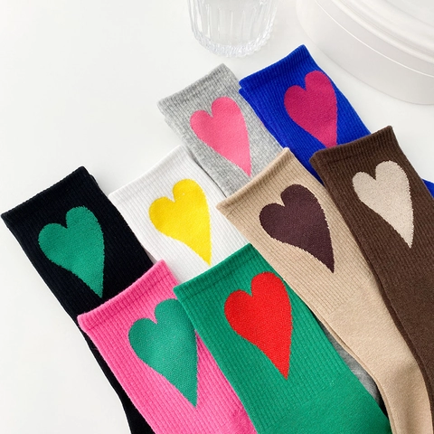 Women Crew Socks Cotton Heart Pattern Jacquard Korean Style Mid Tube Breathable Casual Athletic Fashionable Knitted Hosiery