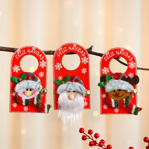 Christmas Door Handle Hanger Plush Doll Santa Snowman Reindeer Ornament Foam Board Festive Hanging Decor With Metal Bell