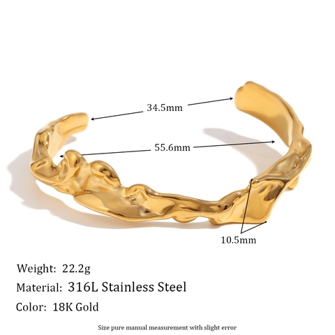 Brazalete Abierto de Acero Inoxidable Chapado en Oro de 18K Textura Martillada Irregular Onda Pulsera para Mujer Joyería