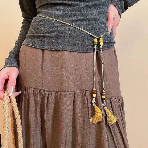 Cadena De Cintura Étnica Bohemia Cuerda Trenzada Cuentas De Madera Borla Collar Largo New Chinese Style Joyería Mujer