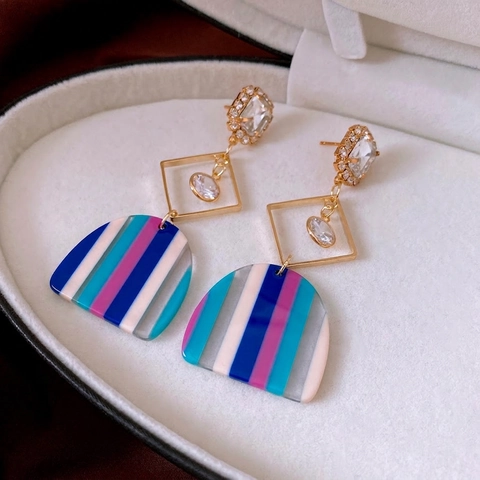 Retro Geometric Zircon Square Dangle Earrings With Colorful Striped Resin And 925 Sterling Silver Earring Post