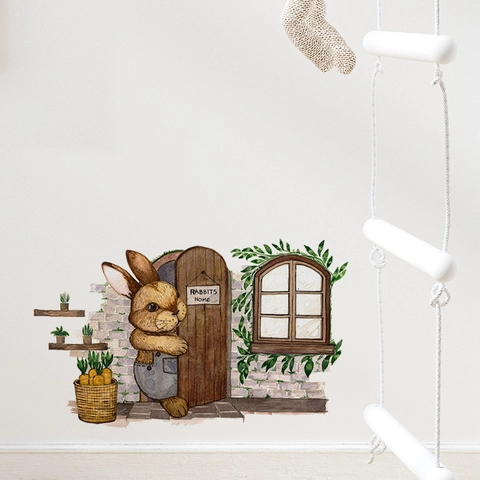 Vinilo Decorativo Pared Casa Conejo Acuarela Dibujos Animados Decoración Ventana Puerta Madera Animal para Dormitorio Casa