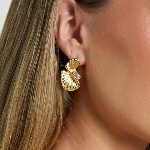 Zircon Inlaid 18K Gold Plated Stainless Steel Earrings Irregular Geometry Pleated Shell Fashion For Women
