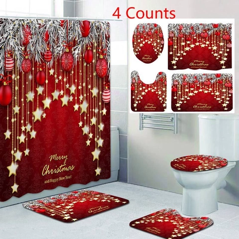 Christmas Shower Curtain Bath Mat Toilet Lid Cover Polyester Waterproof Non-Slip Festive Red Gold Star Reindeer Decor