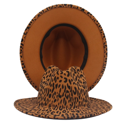 Cappello Fedora Con Stampa Leopardata Feltro Di Lana Tesa Larga Cappuccio Jazz Patchwork Moda Retrò Unisex