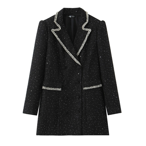 Eleganter Damen Sequin Tweed Blazer Jacke Geflochtener Besatz Langarm Vintage Büro Pendler Oberbekleidung Schwarz Mode