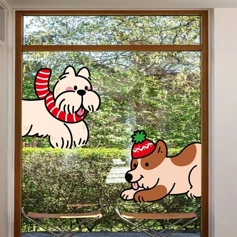 Christmas Window Clings Static Cling PVC Cartoon Dog Stickers Holiday Glass Decor Double Sided For Shop Office Home
