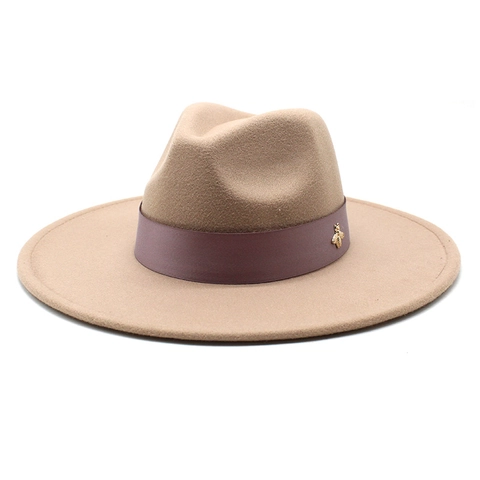 Wool Felt Wide Brim Fedora Hat With Ribbon Band And Metal Bee Accessory Vintage Elegant Jazz Cap For Women Men