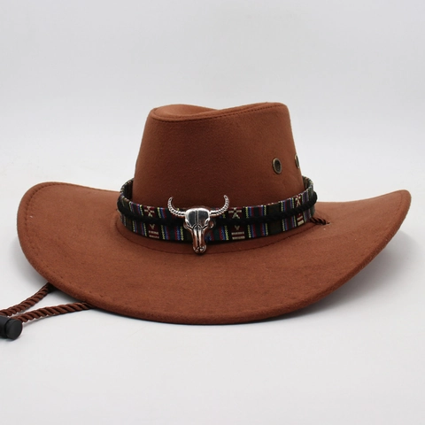 Chapeau De Cow-Boy Western Vintage En Feutre Laine Avec Décor Tête De Taureau En Métal Et Corde Coupe-Vent Pour Hommes Femmes