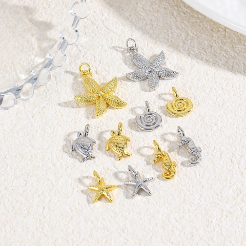 Ocean Theme Sea Turtle Starfish Seahorse Spiral Shell Copper Pendants Charms For DIY Jewelry Making Gold Plated Silver