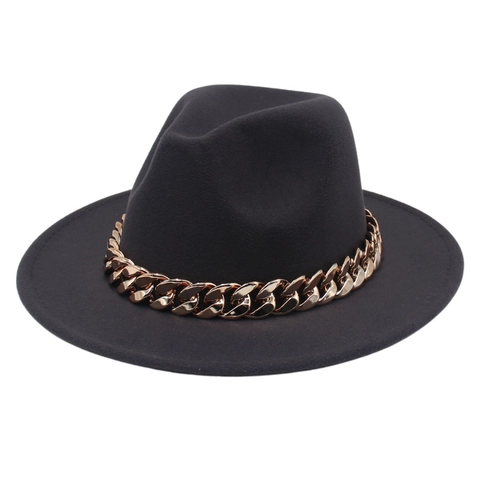 Wide Brim Fedora Hat With Thick Gold Chain Woolen Felt Jazz Cap Fashion Western Style For Men And Women
