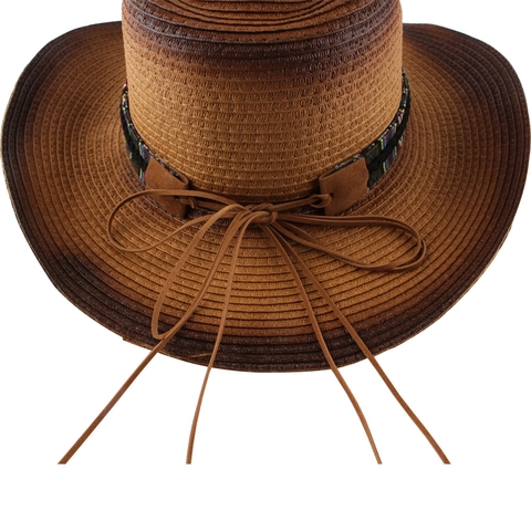 Western Cowboy Hat Paper Straw Wide Brim Sun Protection Gradient Ethnic Band Metal Bull Skull Adjustable Chin Strap