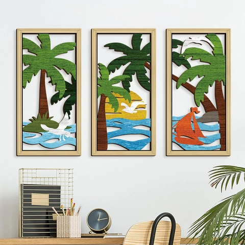 Tropischer Strand Holz Wandbehang Dekoschild Ausgehöhlt Kokospalme Sonnenuntergang 3D Wandkunst Für Heimdeko