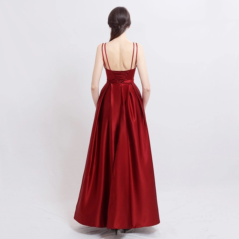 Satin Evening Dress Thin Straps V Neck High Slit Backless Lace Up Elegant Formal Prom Gown For Women