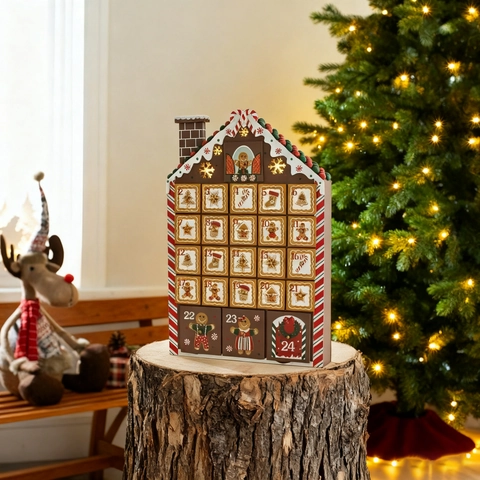 Calendario De Adviento De Navidad Madera Casa De Jengibre Cuenta Atrás Decoración Luces LED Cálidas