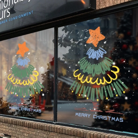 Christmas Window Sticker Static Cling PVC Colorful Hand-Drawn Doodle Tree Decal Double-Sided Glass Door Decor Removable