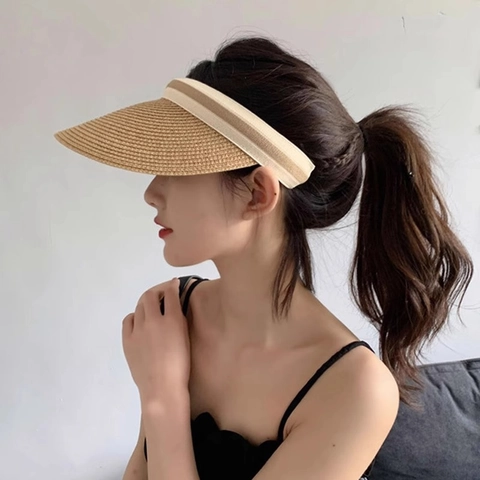 Damen Sonnenblende Strohhut Große Krempe Oben Offen UV-Schutz Sommer Strand Atmungsaktiv Schleife Biene Mode Accessoire