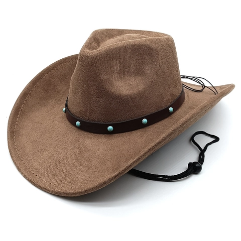 Vintage Westerse Cowboyhoed Suède Turquoise Klinknagels Leren Band Brede Rand Fedora Jazz Hoed Met Koord Voor Dames Heren