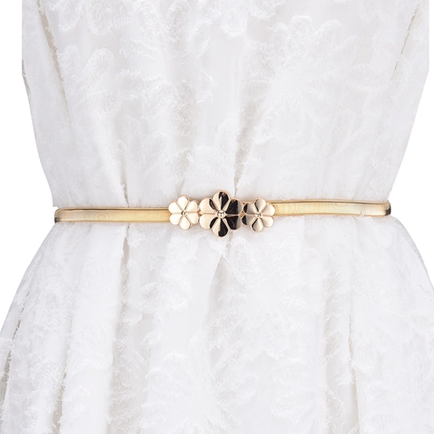 Ceinture Élastique En Métal Pour Femmes Chaîne À Ressort Dorée Mince Boucle Décorative Feuille Fleur Noeud Accessoire