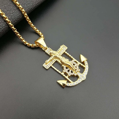 Hip Hop Stainless Steel Jesus Cross Anchor Pendant Gold Silver Plated Rhinestone Inlaid Religious Nautical Pendant For Men Jewelry