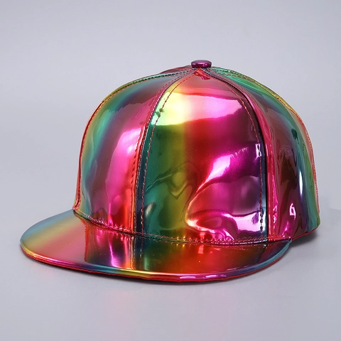 Gorra de Béisbol de Cuero PU Metálico Holográfico Reflectante Láser Impermeable Sombrero Hip Hop Moda Ajustable Hombre Mujer
