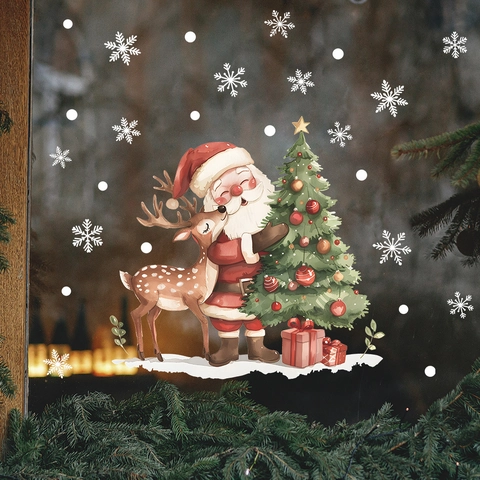 Christmas Window Cling Stickers PVC Static Santa Claus Reindeer Tree Snowflake Cartoon Glass Door Holiday Home Decoration