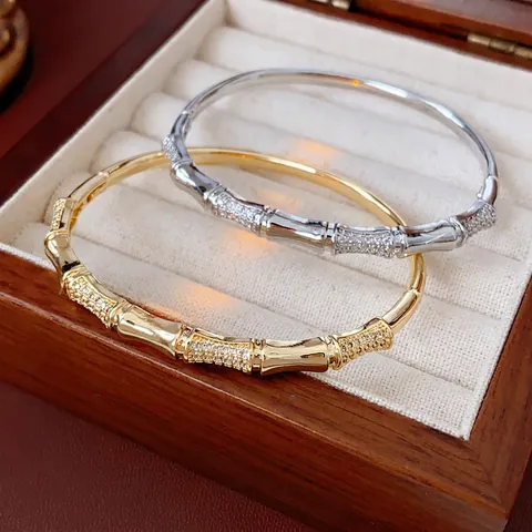 Bracelet Jonc Noeud De Bambou Cuivre Micro Incrusté De Zircon Plaqué Or Véritable Bijoux De Luxe Style Chinois Femme