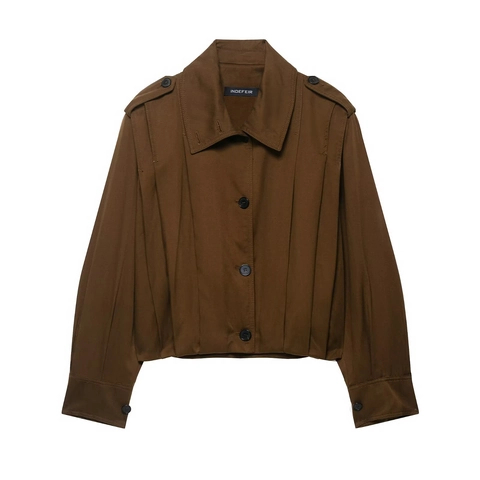 Women Cropped Cargo Jacket Long Sleeve Lapel Button Down Pleated Utility Coat Streetwear Solid Color Blended Twill