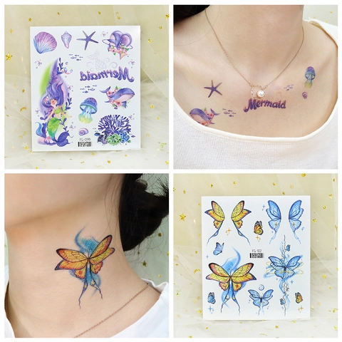Waterproof Temporary Tattoo Stickers Glitter Butterfly Mermaid Ocean Flower Body Art Face Decals Long Lasting For Women