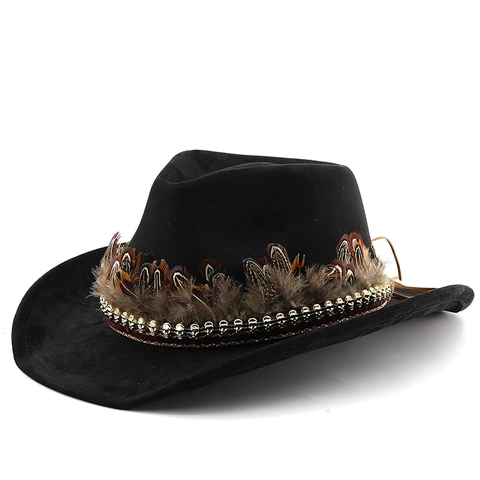 Western Cowboy Hat Retro Suede Fedora With Feather Band And Skull Metal Beads Wide Brim Jazz Hat For Men And Women