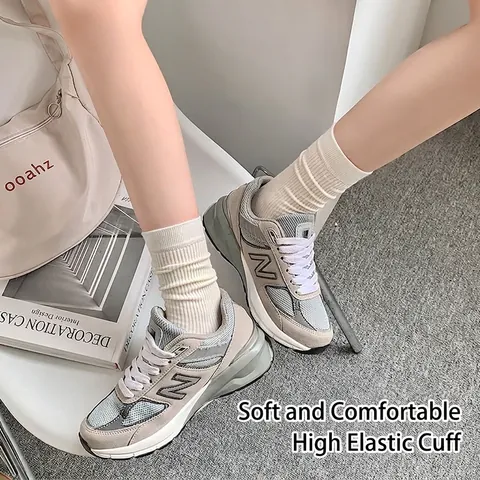 Women Cotton Ribbed Crew Socks Solid Color Breathable Soft Casual Japanese Style Elastic Mid Tube Comfort