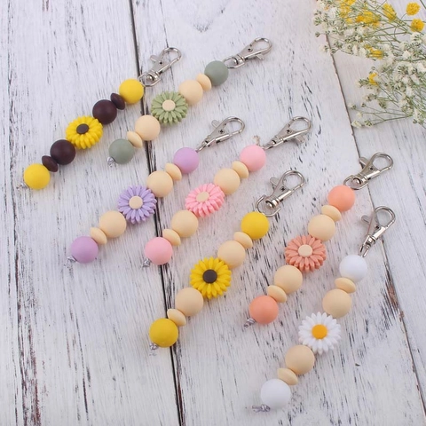 Gänseblümchen Sonnenblume Silikon Perlen Schlüsselanhänger Tasche Anhänger Floral Handgemachte Accessoires Für Frauen