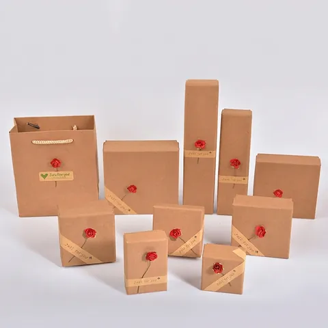 Astuccio Gioielli Carta Kraft Sacchetto Regalo Con Rosa Rossa Per Collana Anello Orecchini Vintage