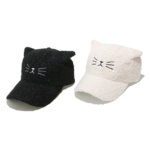 Casquette De Baseball Oreilles De Chat Mignonne Laine D'agneau Chapeau D'hiver Chaud Pour Femmes Style Coréen
