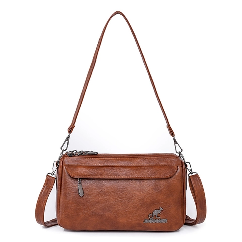 Vintage Textured PU Leather Shoulder Bag For Women Multiple Zippers Large Capacity Crossbody Handbag With Adjustable Strap
