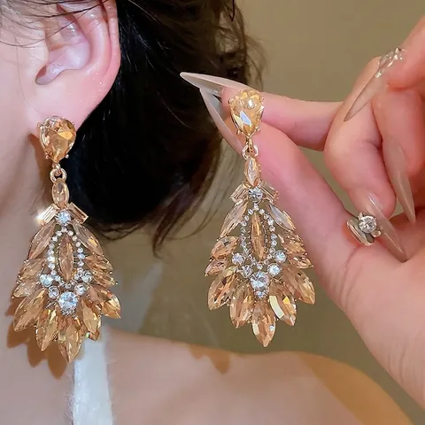 Vintage Luxury Teardrop Chandelier Drop Earrings With Champagne Crystal Rhinestone And Silver Earring Post For Women