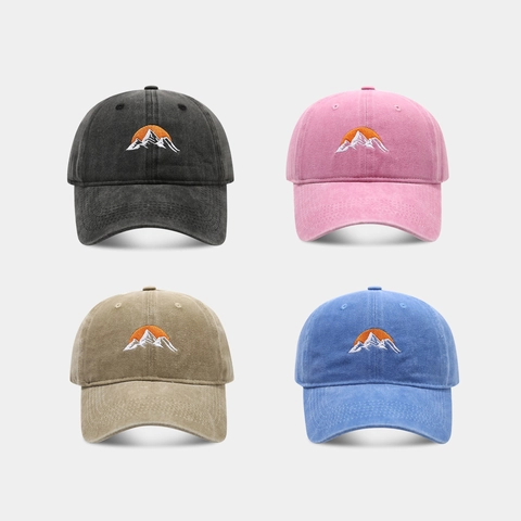 Washed Cotton Baseball Cap Mit Berg Sonnenaufgang Stickerei Vintage Verstellbarer Sonnenschutz Hut Für Herren Damen