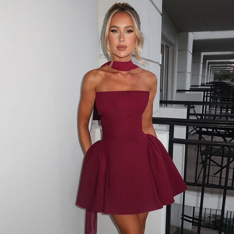 Women Sexy Strapless Mini Dress Backless Back Zipper Ruffle Hem Solid Color Polyester Spandex With Matching Choker