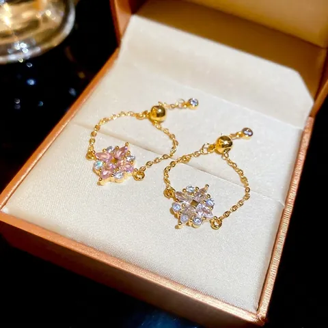 Bague Chaîne Réglable Fleur Élégante Cuivre Plaqué Or Rose Blanc Zircone Bijoux De Luxe Pour Femmes