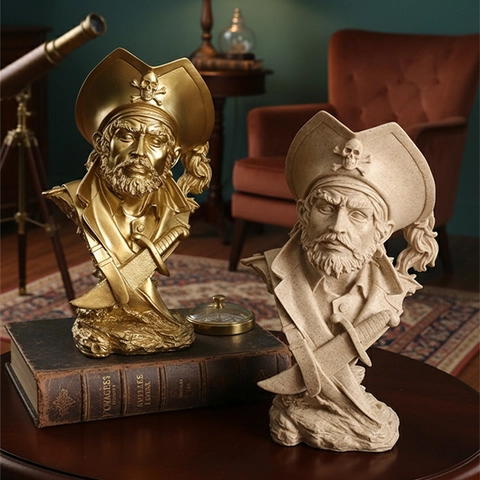 Vintage Pirate Captain Bust Sculpture Resin Nordic Nautical Theme Statue For Home Office Desk Decor Crossed Swords
