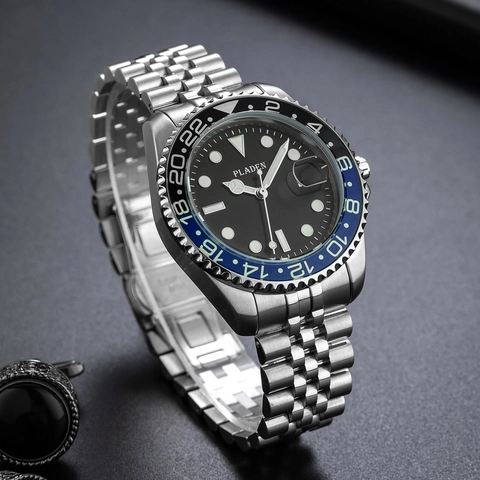 PLADEN Men Luxury Business Stainless Steel Quartz Watch Luminous Waterproof GMT Rotating Bezel Date Display Calendar Wristwatch