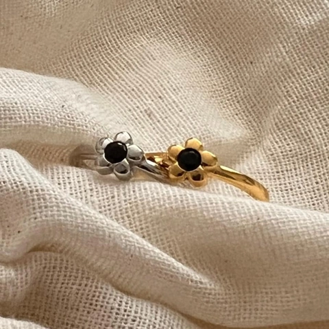 925 Sterling Silver Flower Ring With Black Agate Simple Korean Niche Personalized Adjustable Open Jewelry For Women