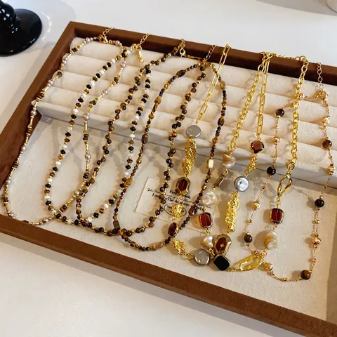 Collier Pendentif Oeil De Tigre Pour Femmes Cuivre Plaqué Or 18K Perles Vintage Chaîne Pull Style Bohème Bijoux