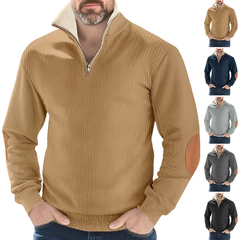 Men Partial Zip Pullover Sweatshirt Stand Collar Fleece Lined Elbow Patches Long Sleeve Casual Vintage Top