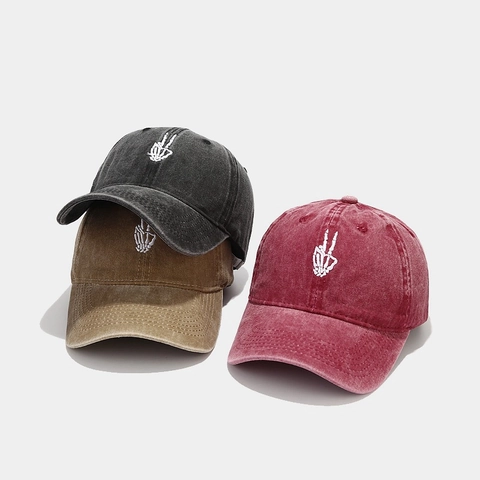 Casquette De Baseball Coton Lavé Broderie Main Squelette Signe De Paix Vintage Distressed Style De Rue Pour Hommes Femmes Réglable