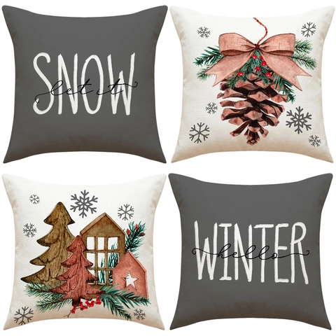 Fundas De Almohada De Navidad Lino Impreso Fundas De Cojín Decoración Invierno Árbol Piña Para Sofá Sala