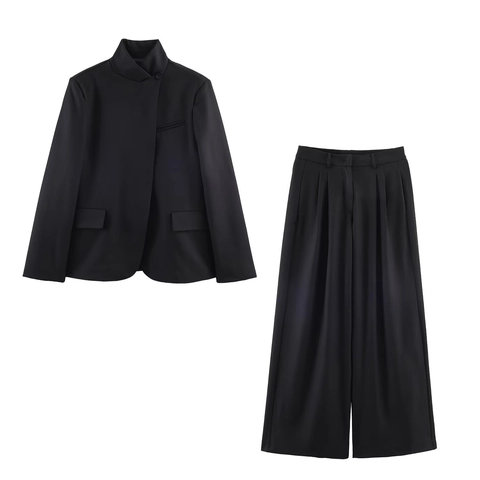 Women Blazer And Wide Leg Trousers Suit Stand Collar Asymmetric Jacket Polyester Office Lady Professional Streetwear Black