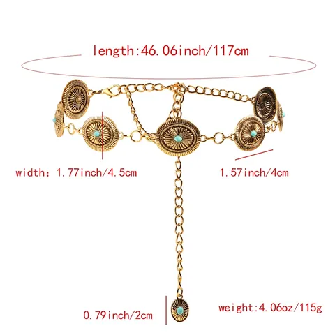 Cinturón De Cadena De Cintura Bohemio Vintage Aleación Metal Tallado Ovalado Piedras Turquesa Estilo Étnico Para Mujeres Ajustable